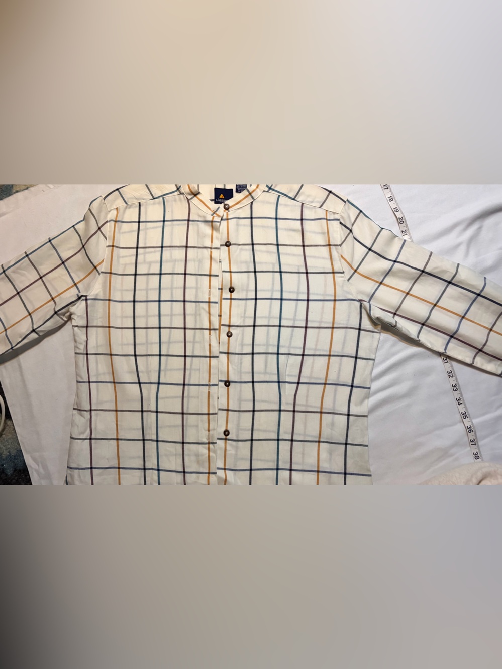 VTG Lizsport button  up Cream Plaid Shirt with Multicolor Grid Stripes Preppy